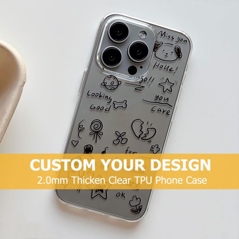 Custom Design 2.0mm Thicken Clear TPU Phone Case for iPhone 14 15 16 Pro Max