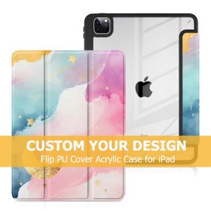 Custom Design Flip PU Tablet Cover Acrylic Back Case for iPad Air/Pro/Mini