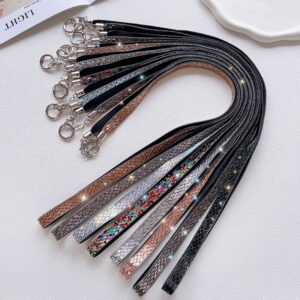 Luxury Diamonds Crossbody Long Chain 15mm Mobile Phone Lanyard Colorful PU Leather Strap