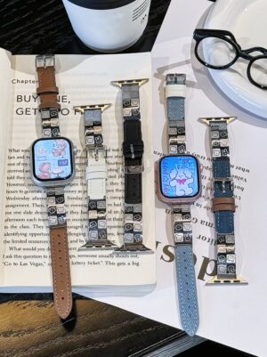 Fashion Bear Design Stainless Steel Bracelet Splicing Leather Strap for iWatch 1/2/3/4/5/6/7/8/9/10 Ultra 1/2 Wathch Band