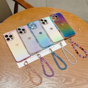 Dazzling Metallic Color Heart Design Back Cover with Chain Mobile Phone Case for iPhone Air 17 16 15 14 13 12 11 Pro Max Plus