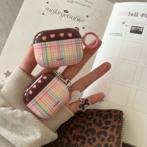 Unique Colorful Check Pattern IMD Brown Cover for AirPods 1/2 3 4 Pro 1/2 Earphone Case with Chain Accessory